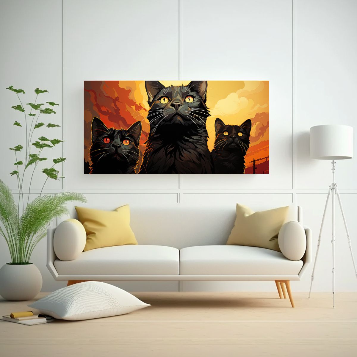 GENERICO - Cuadros Gatos Negros En Pila Mirando Al Frente 60x30 Cm