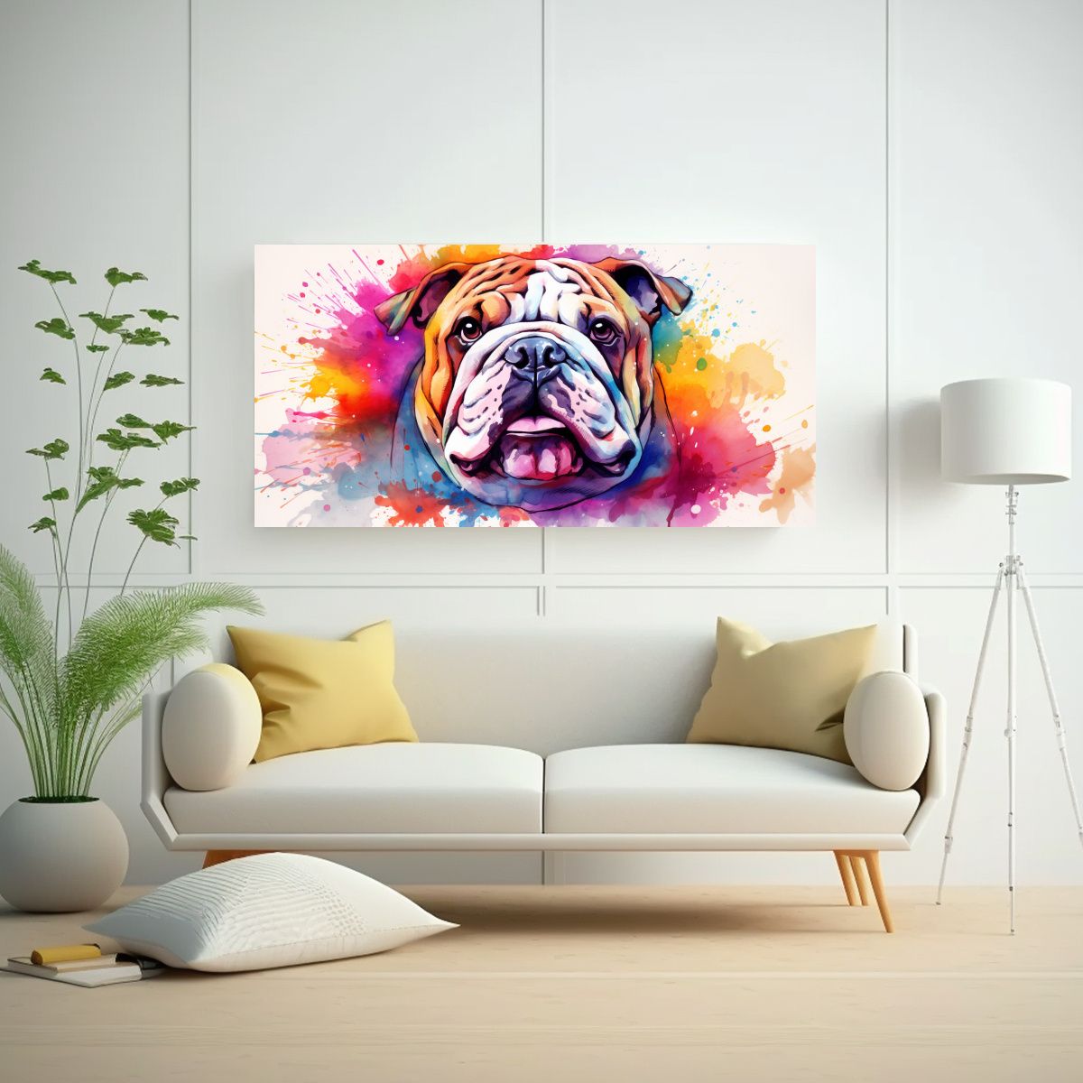 GENERICO - Cuadro Bulldog Colorido Estilo Acuarela Moderno 100x50 Cm.