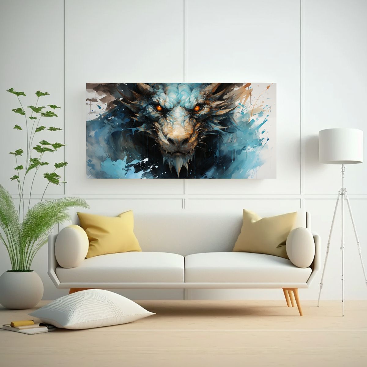 GENERICO - Cuadro Tela Vintage Dragón Acuarela Y Turquesa 60x30 Cm