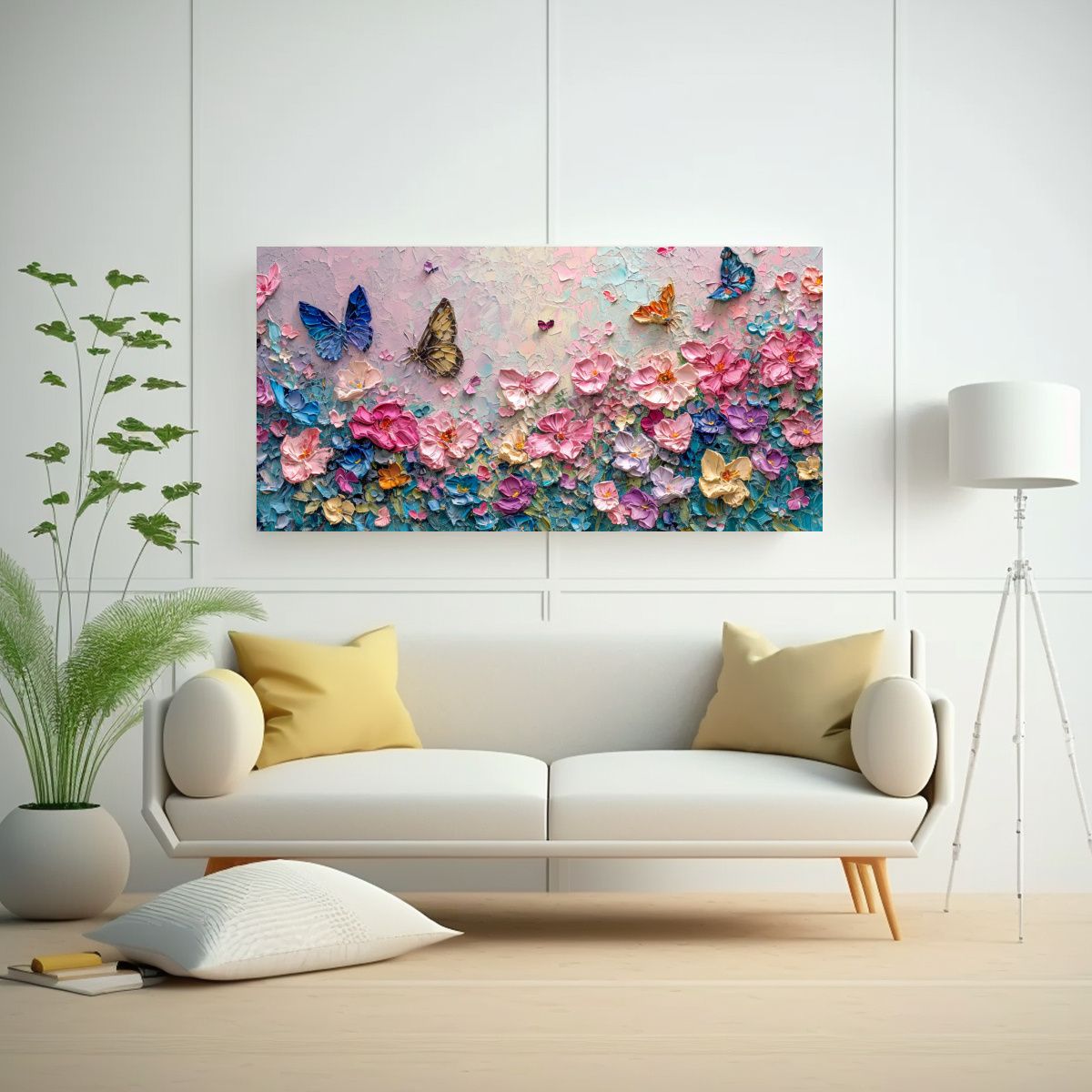 GENERICO - Lienzo Horizontal Con Mariposas Y Flores En Tonos 60x30 Cm