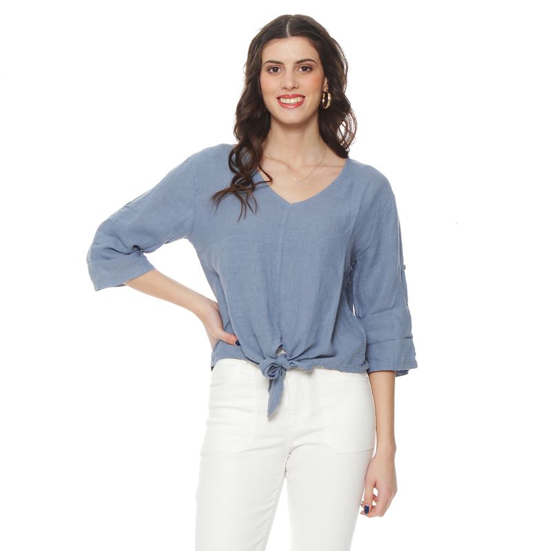 WADOS - BLUSA MANGA 3/4 AJUSTABLE LINO SOLIDA ESCOTE V CINTURA AMARRADA