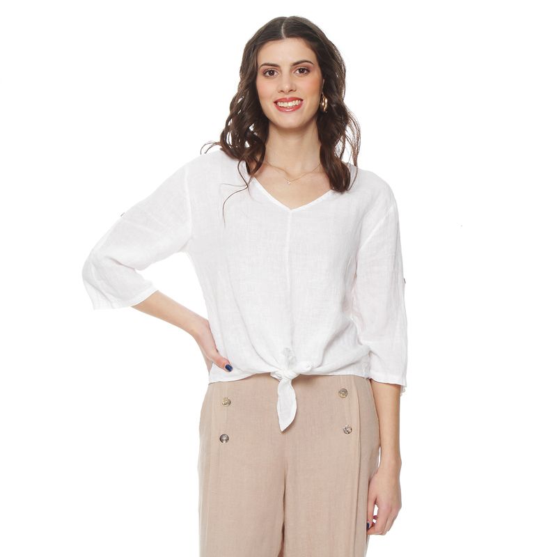 WADOS - BLUSA MANGA 3/4 AJUSTABLE LINO SOLIDA ESCOTE V CINTURA AMARRADA
