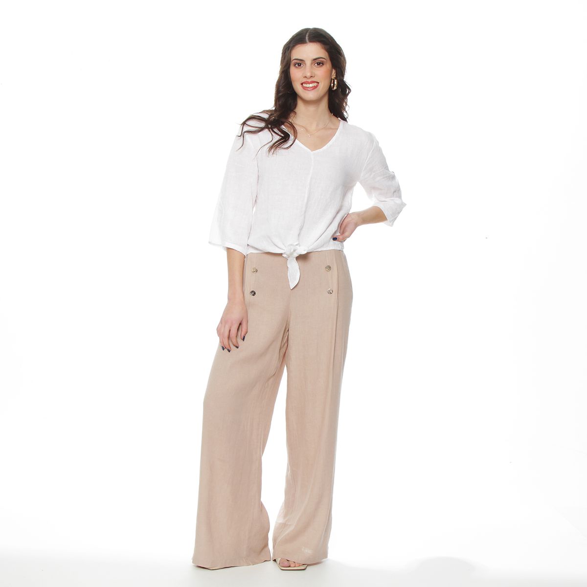 WADOS - BLUSA MANGA 34 AJUSTABLE LINO SOLIDA ESCOTE V CINTURA AMARRADA