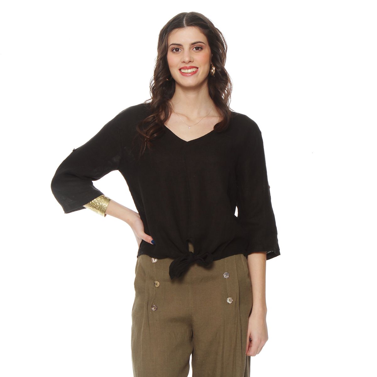 WADOS - BLUSA MANGA 34 AJUSTABLE LINO SOLIDA ESCOTE V CINTURA AMARRADA