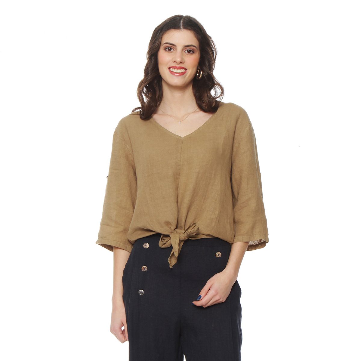 WADOS - BLUSA MANGA 34 AJUSTABLE LINO SOLIDA ESCOTE V CINTURA AMARRADA