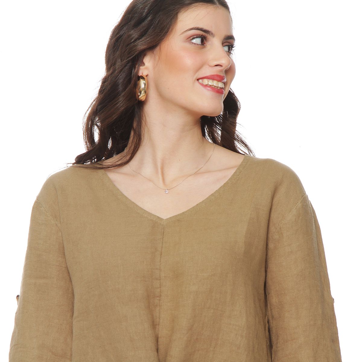 WADOS - BLUSA MANGA 34 AJUSTABLE LINO SOLIDA ESCOTE V CINTURA AMARRADA