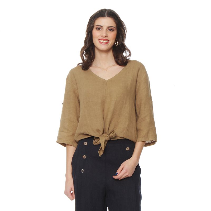 WADOS - BLUSA MANGA 3/4 AJUSTABLE LINO SOLIDA ESCOTE V CINTURA AMARRADA