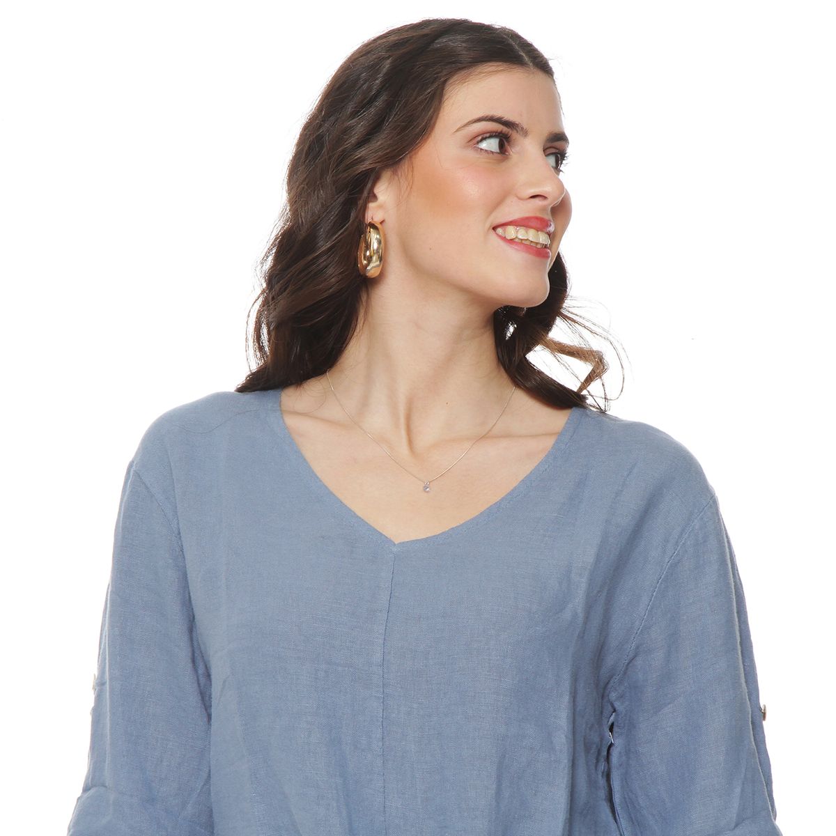 WADOS - BLUSA MANGA 34 AJUSTABLE LINO SOLIDA ESCOTE V CINTURA AMARRADA