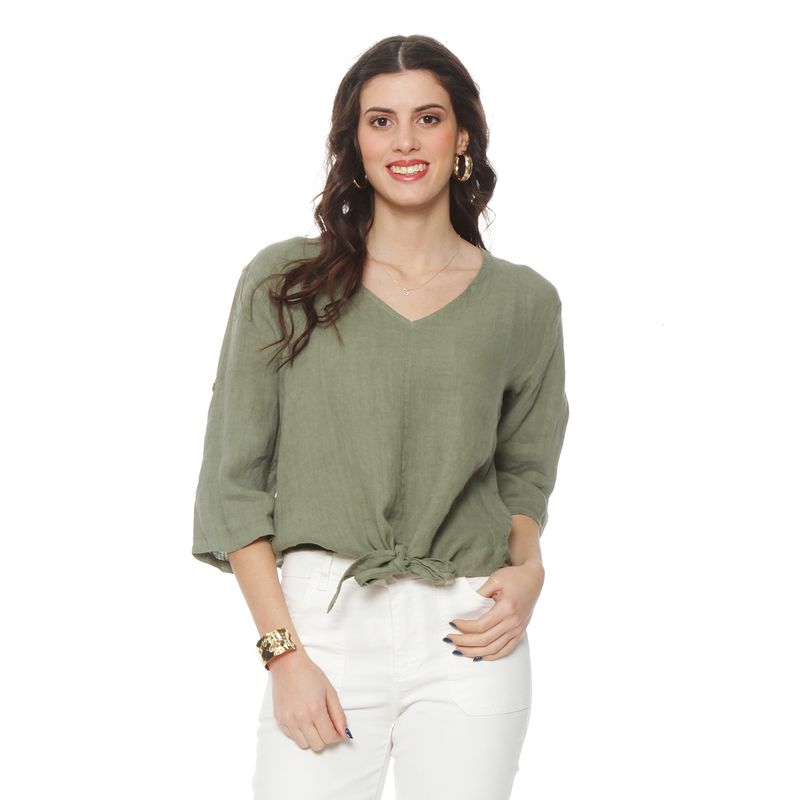 WADOS - BLUSA MANGA 3/4 AJUSTABLE LINO SOLIDA ESCOTE V CINTURA AMARRADA