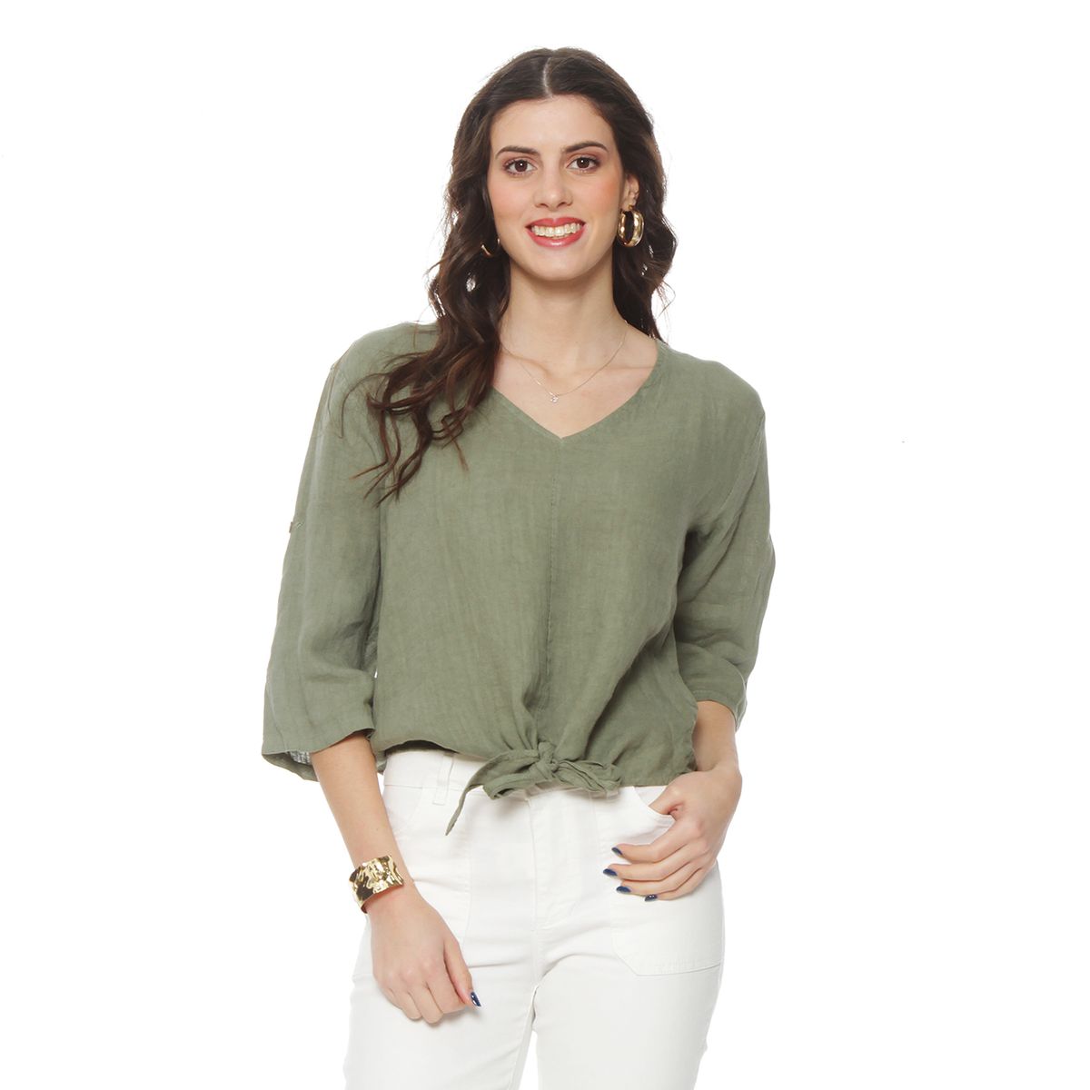 WADOS - BLUSA MANGA 34 AJUSTABLE LINO SOLIDA ESCOTE V CINTURA AMARRADA