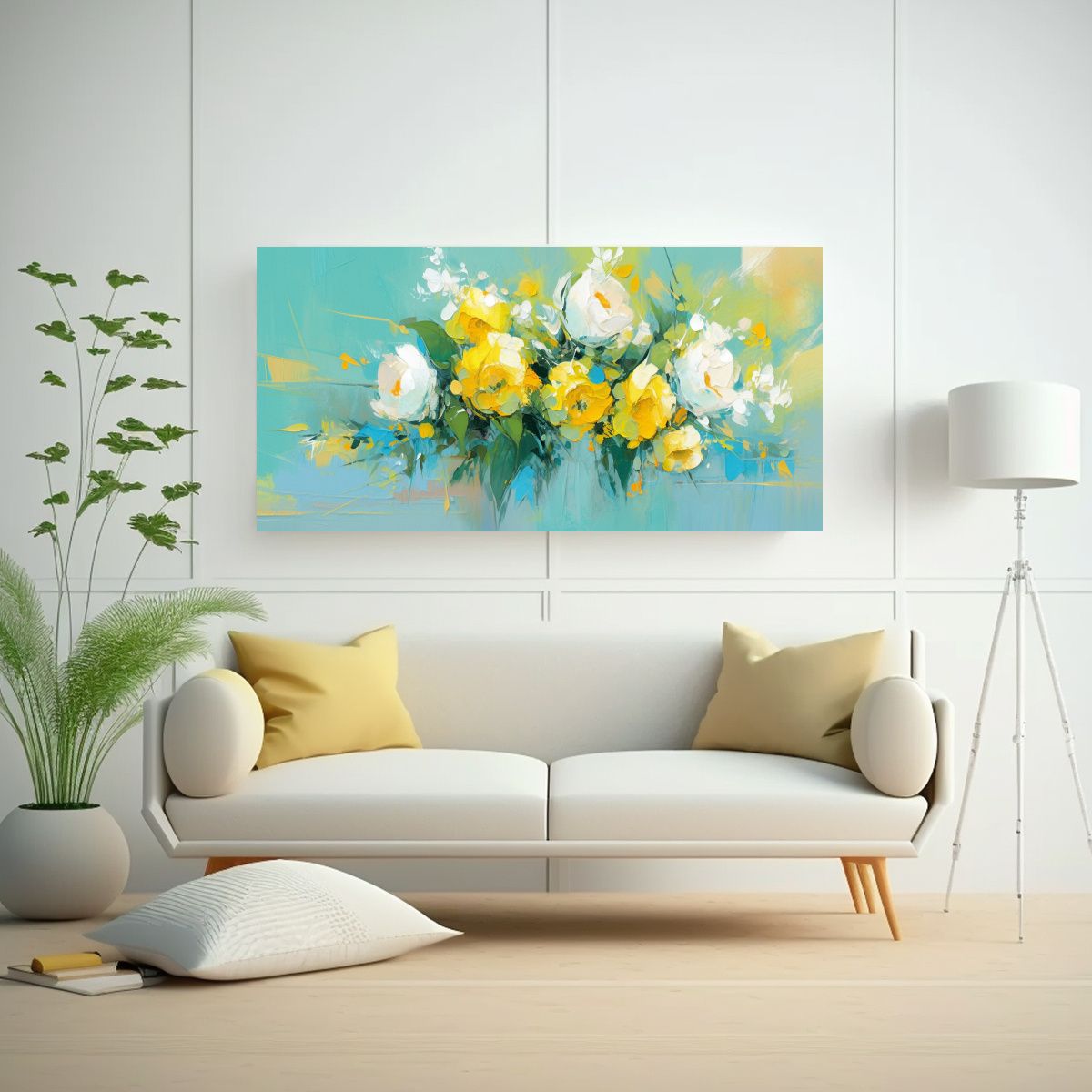 GENERICO - Pintura En Lienzo De Flores Amarillas Y Turquesas 100x50 Cm