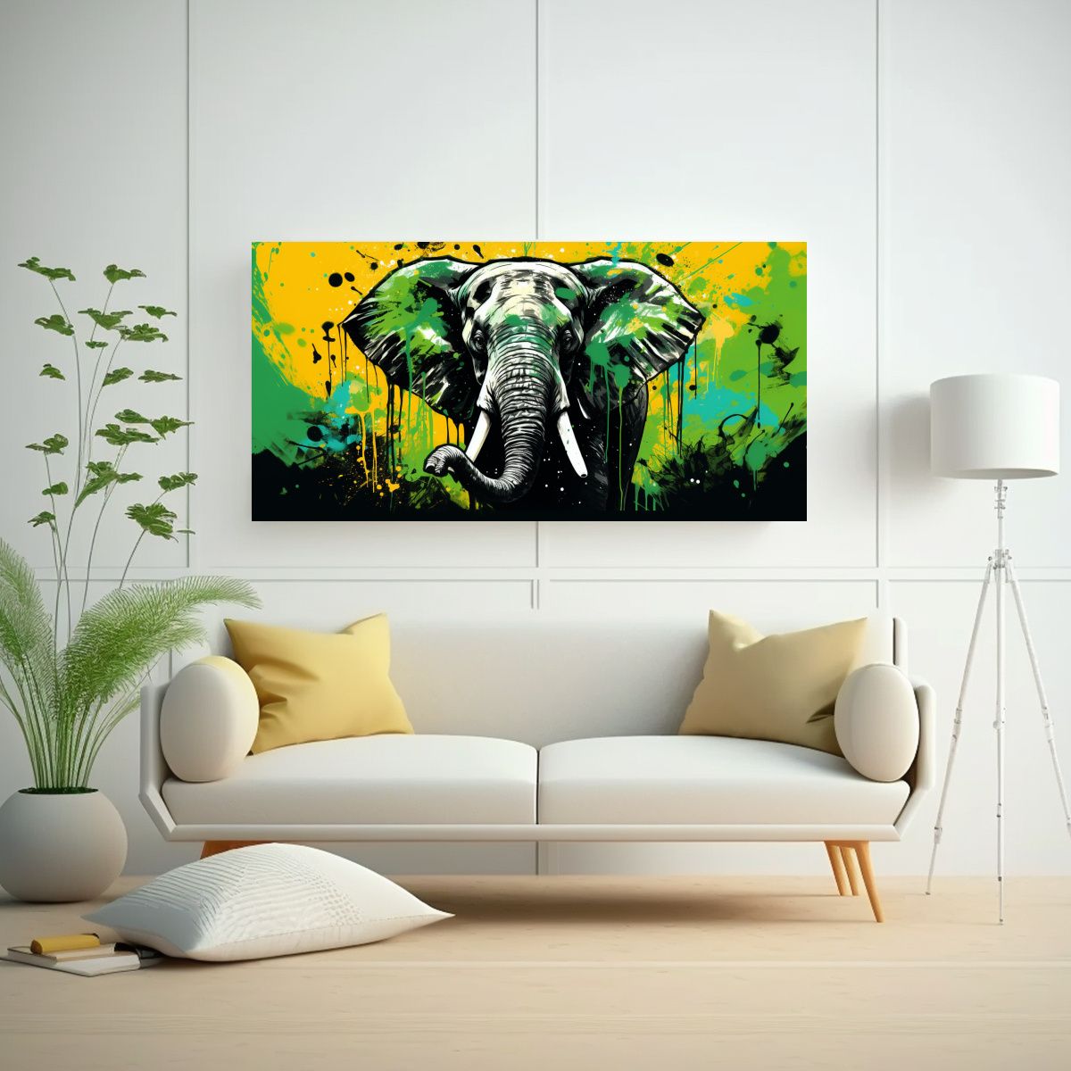 GENERICO - Pintura Decorativa Elefante Asiático En Verde Y 100x50 Cm