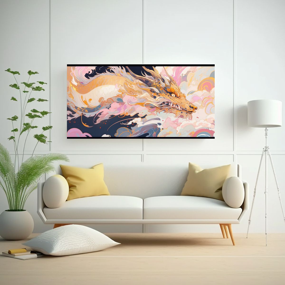 GENERICO - Pintura Armoniosa Dragón En Tonos Pastel Y Oro 60x30 Cm