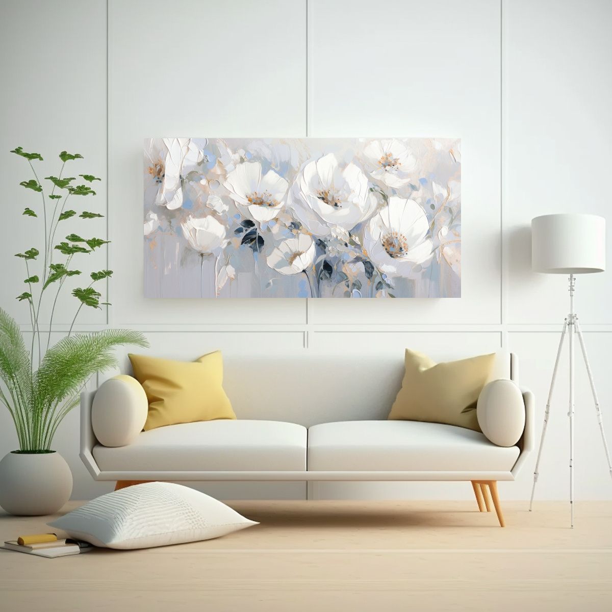 GENERICO - Pintura De Flores Blancas Y Plateadas En Lienzo 60x30 Cm