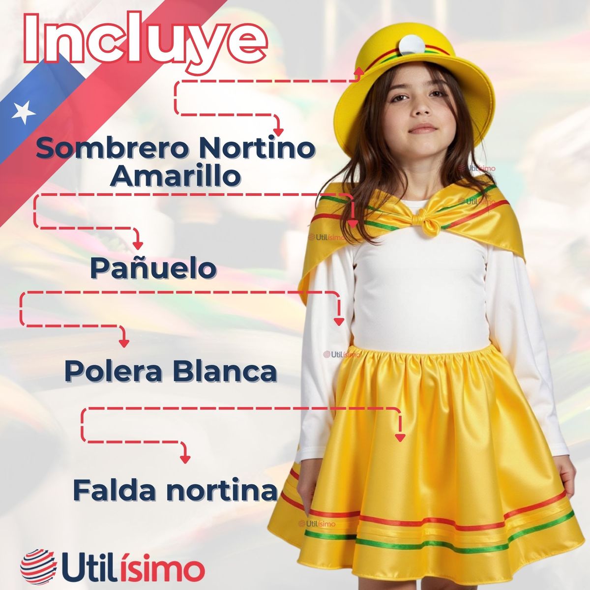 UTILISIMO - Traje Nortino con Polera Fiestas Patrias Baile Nortino Amarillo