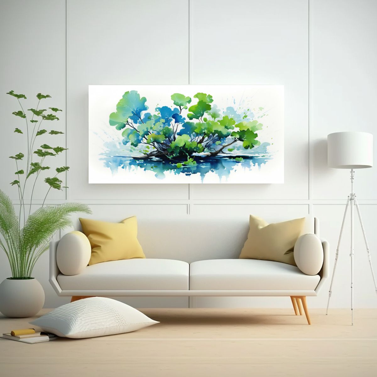 GENERICO - Pintura Abstracta De Ginkgo Biloba Verde Y Azul 100x50 Cm
