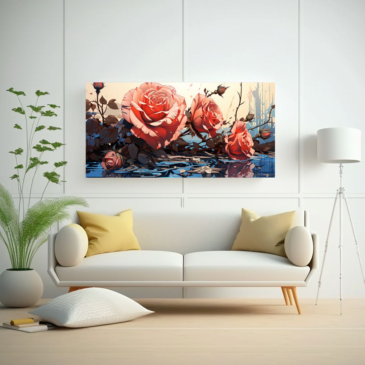 GENERICO - Pintura Tela Escenario Con Rosa Y Gotas 80x40 Cm