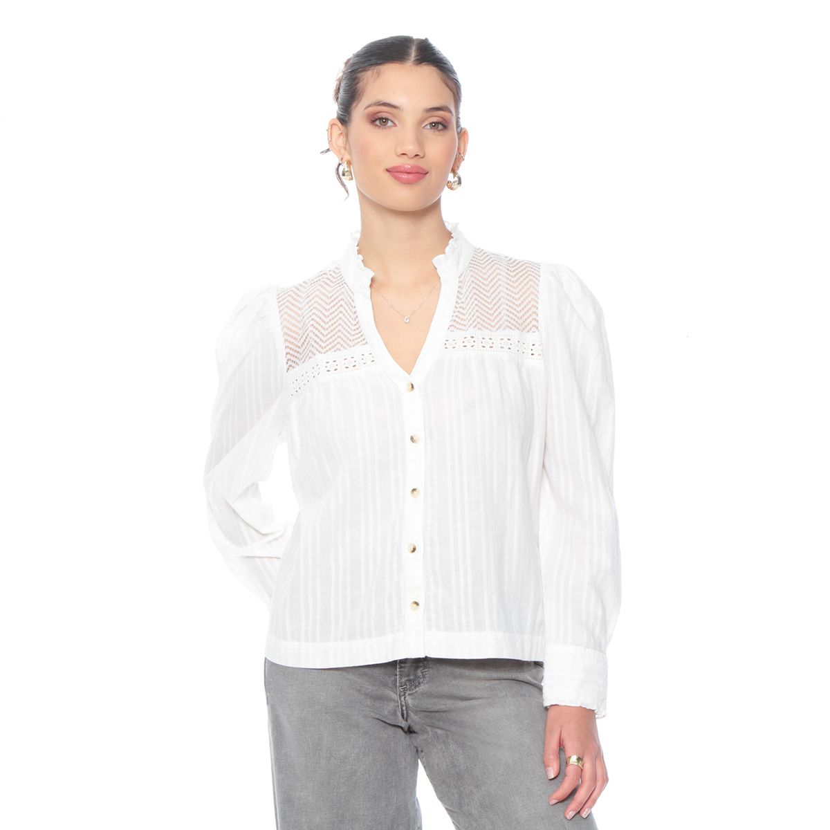 WADOS - BLUSA MANGA LARGA BRODERY ABOTONADA EN DELANTERO Y APLICACION