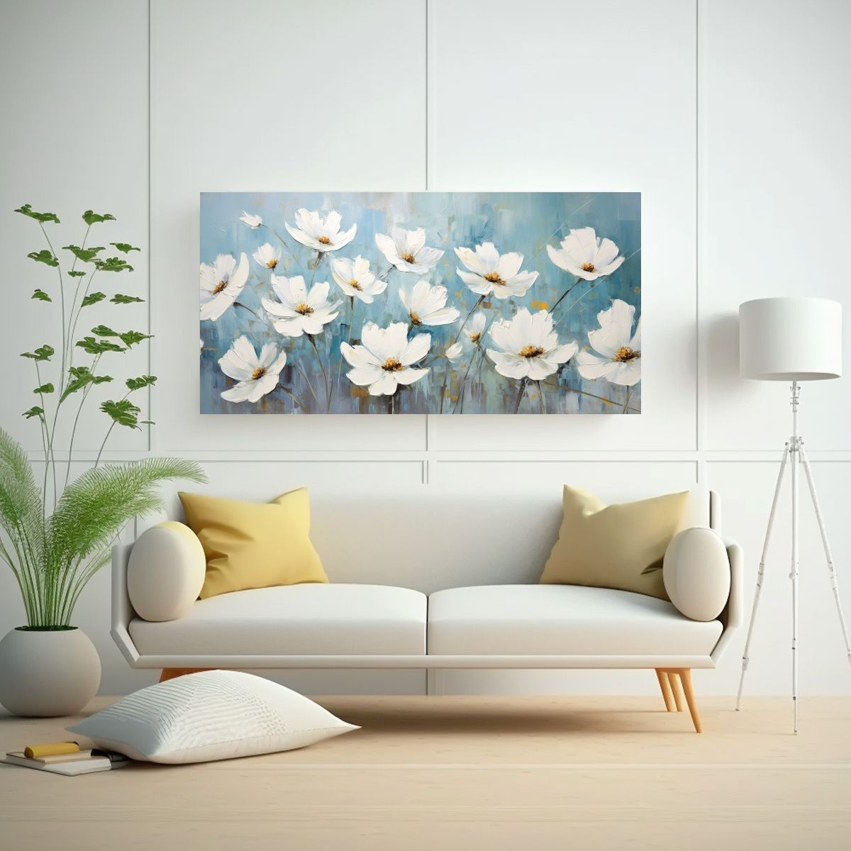 GENERICO - Cuadro Decoración Sala Flores En Lienzo Blanco Y 80x40 Cm