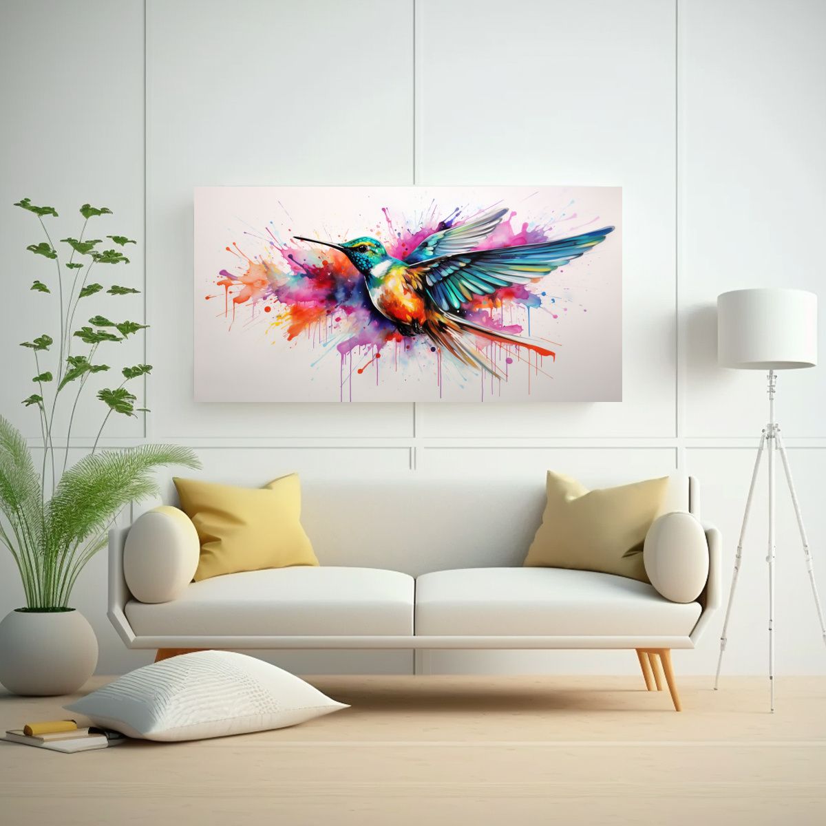 GENERICO - Cuadro De Colibrí En Tonos Pastel Y Acuarelas 80x40 Cm