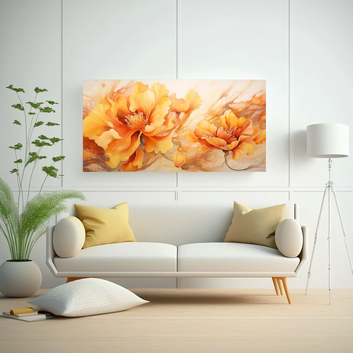 GENERICO - Pintura Abstracta De Flores En Colores Naranja Y 100x50 Cm.