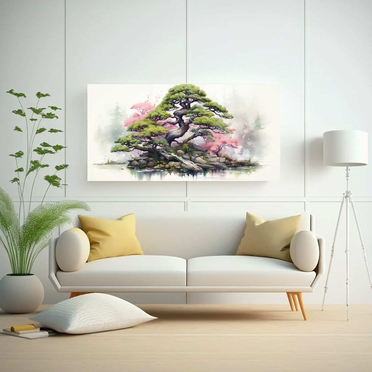 GENERICO - Cuadro Abstracto De árbol Bonsái En Tonos Verde 80x40 Cm