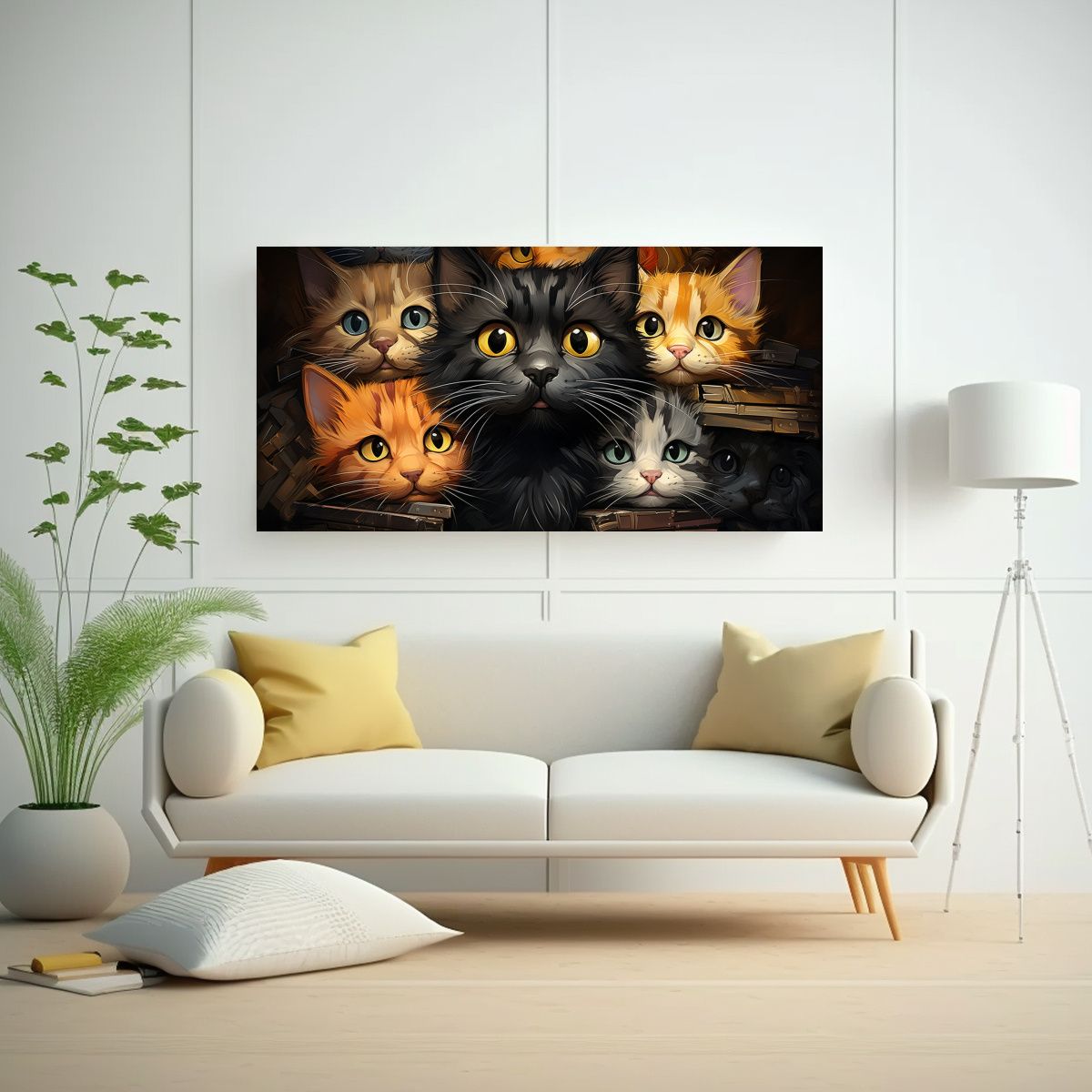 GENERICO - Cuadro De Gatos De Colores Sobre Fondo Naranja 60x30 Cm