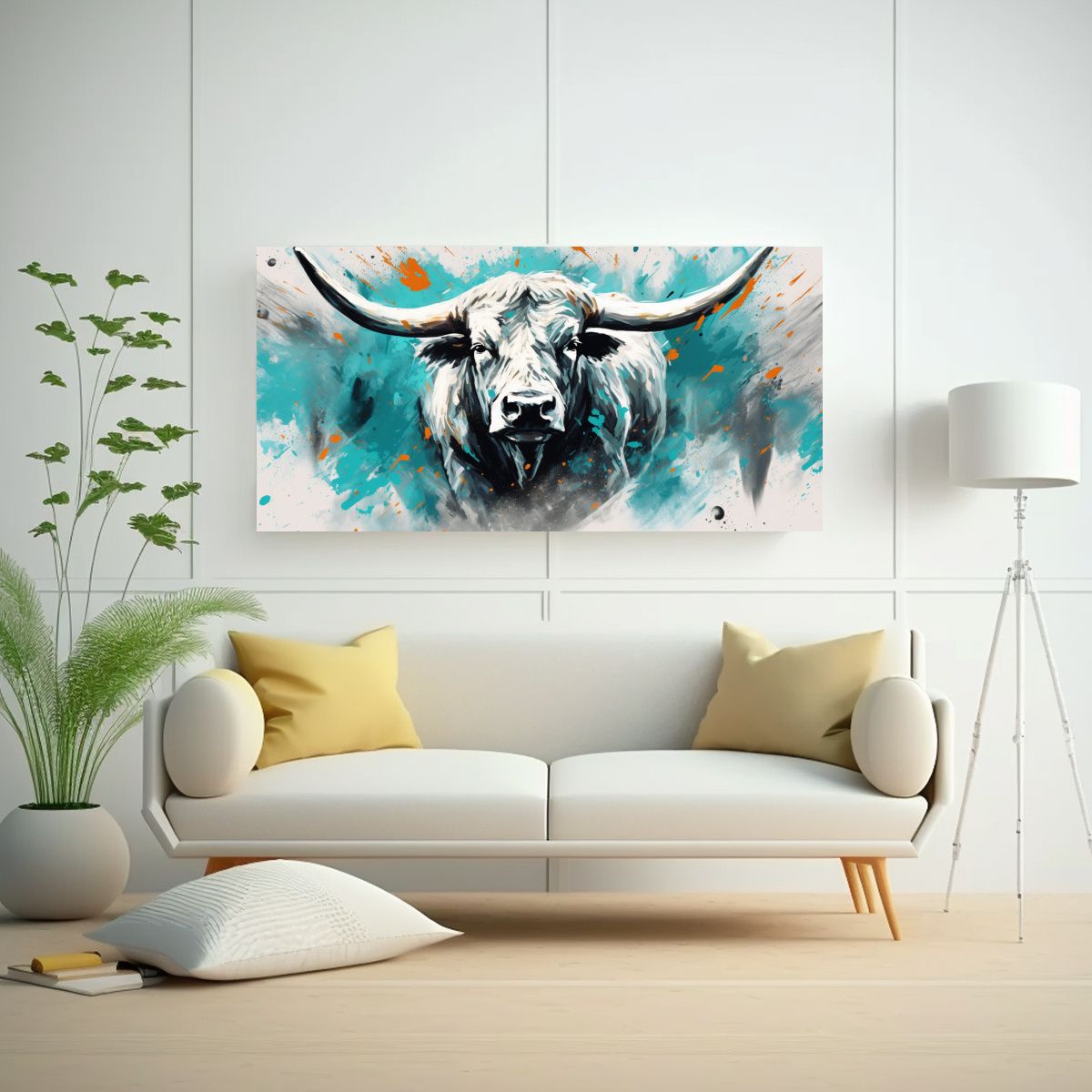 GENERICO - Lienzo Tela Creativo Con Toros Blancos Y Turquesa 80x40 Cm