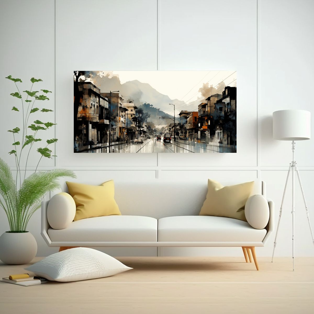 GENERICO - Pintura En Tela De Santiago En Acuarelas Y Negro 100x50 Cm