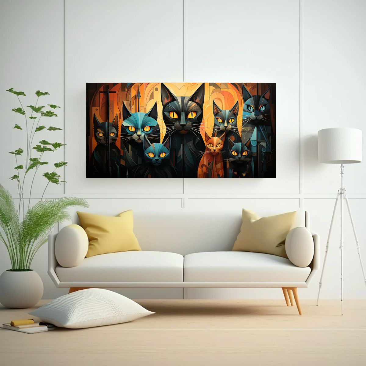 GENERICO - Cuadro Moderno Retrato De Grupo De Gatos Negros 100x50 Cm