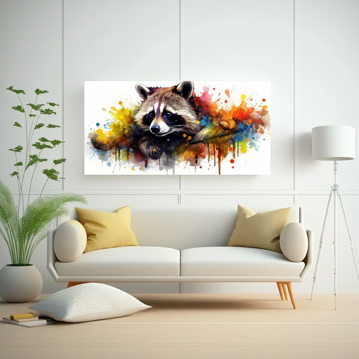 GENERICO - Cuadro Raccoon Movimiento Colorido Acuarela 21 60x30 Cm