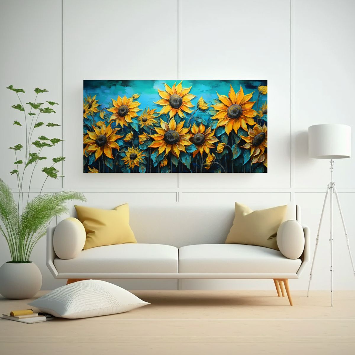 GENERICO - Pintura En Lienzo De Girasoles Turquesa En 100x50 Cm.