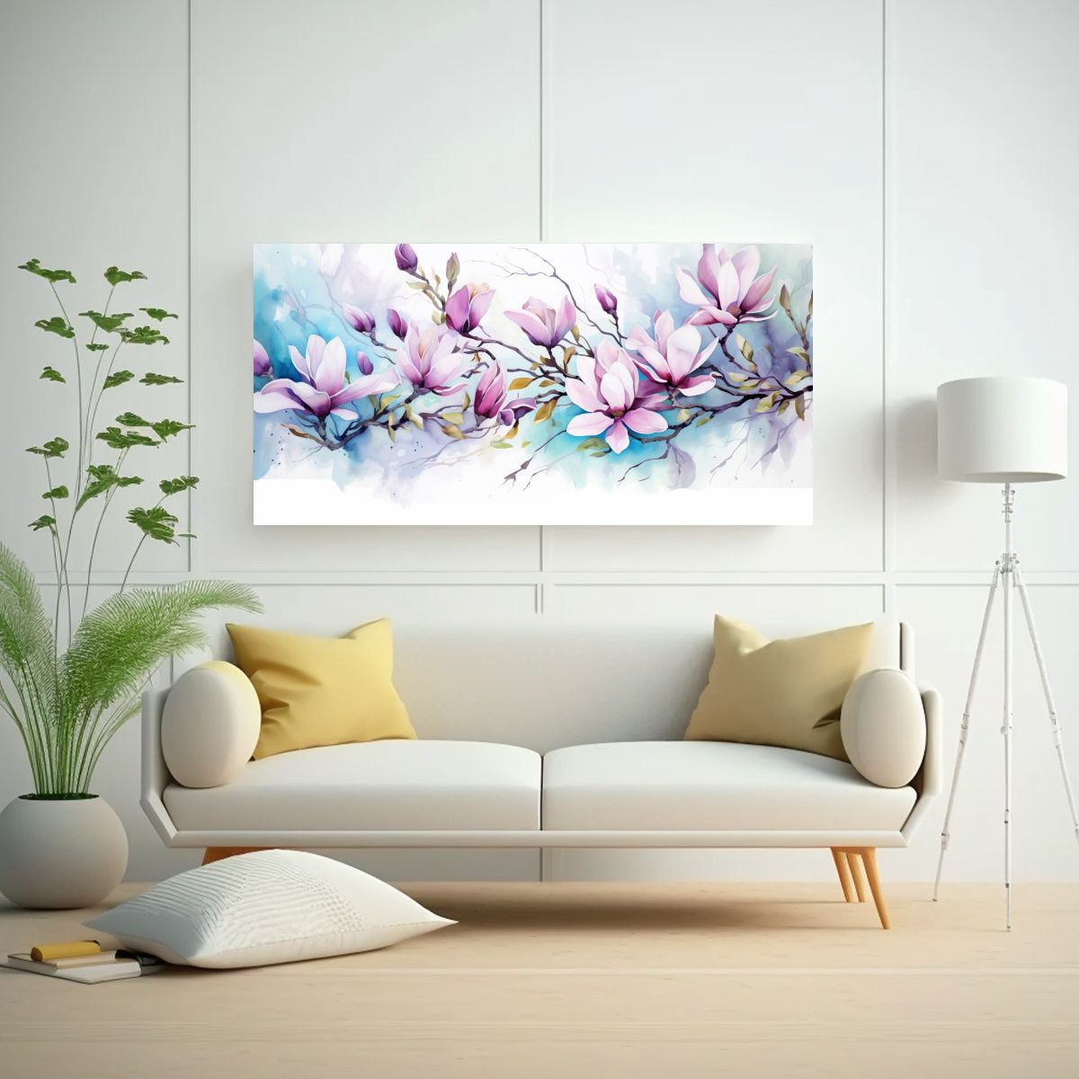 GENERICO - Cuadro De Magnolias En Colores Morado Y Turquesa 60x30 Cm