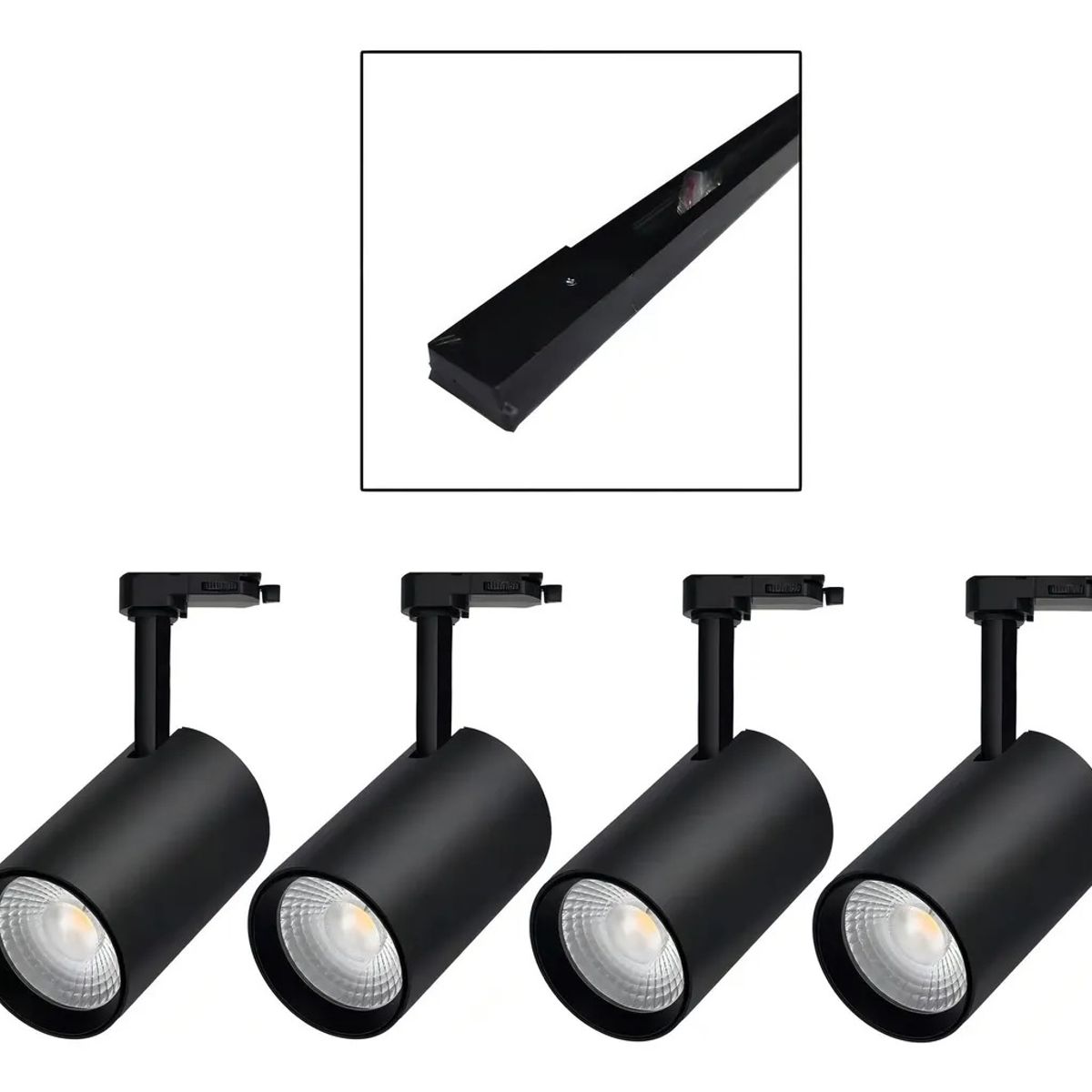 LEMU LUX - 4 Foco Riel Luz Cálida 7w 3000k + Riel Monofásico 1mt Negro