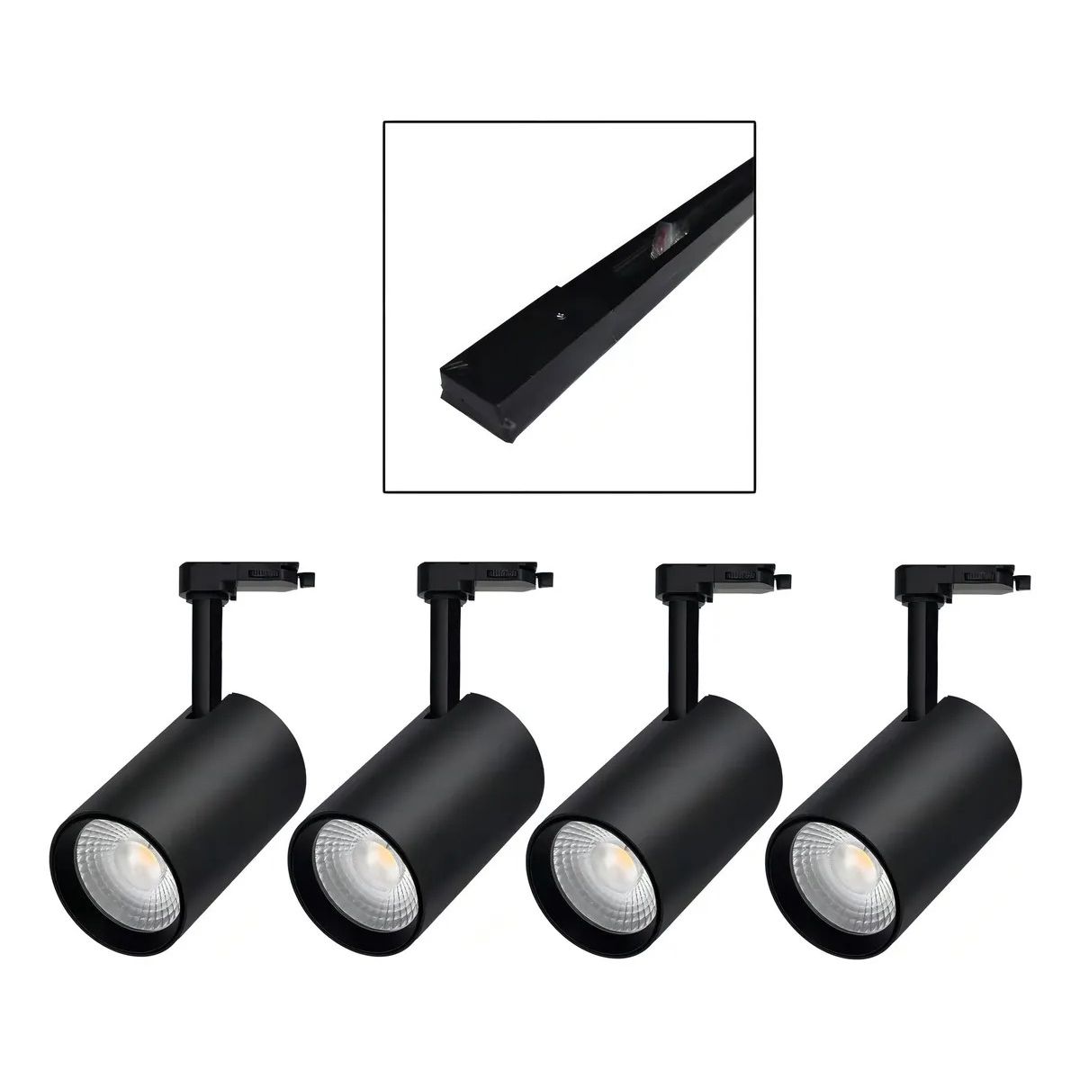 LEMU LUX - 4 Foco Riel Luz Cálida 7w 3000k + Riel Monofásico 1mt Negro