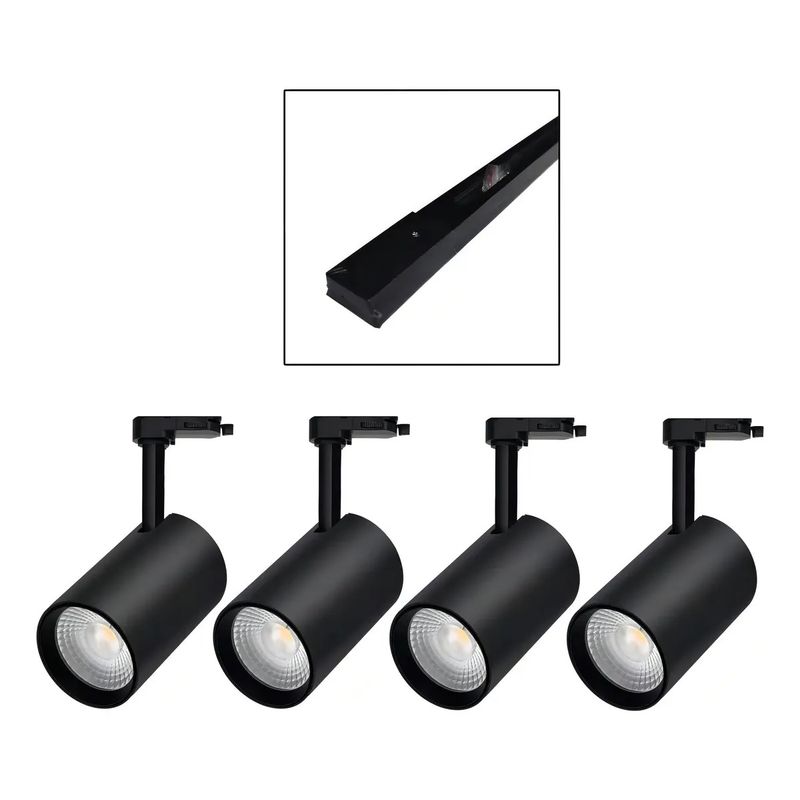 LEMU LUX - 4 Foco Riel Luz Cálida 7w 3000k + Riel Monofásico 1mt Negro