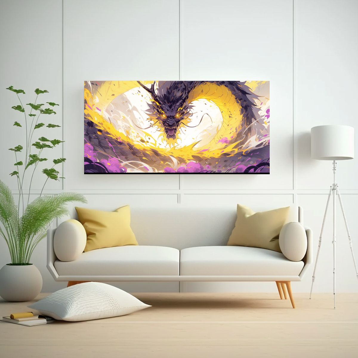 GENERICO - Cuadro Decorativo Dragón Amarillo Y Morado En 80x40 Cm