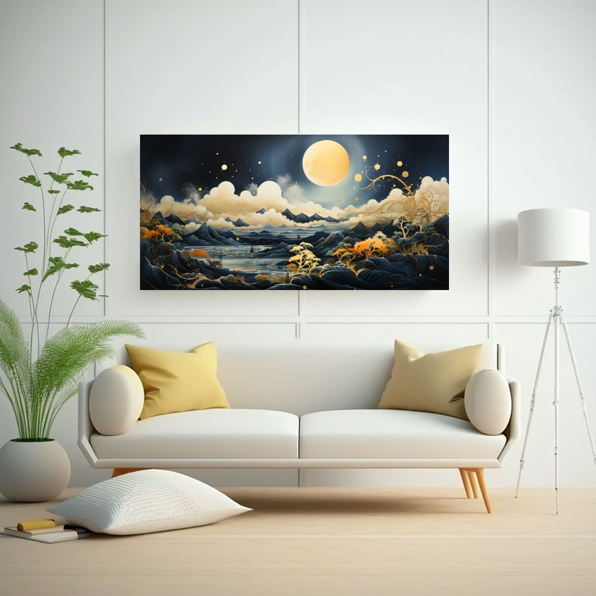 GENERICO - Cuadro Montaña Luna Paisaje Nocturno Pintura 80x40 Cm