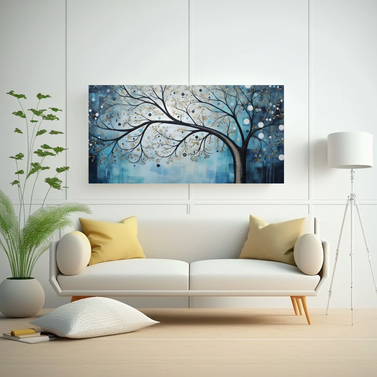 GENERICO - Árbol Azul Y Plateado En Cuadro De Composición 100x50 Cm