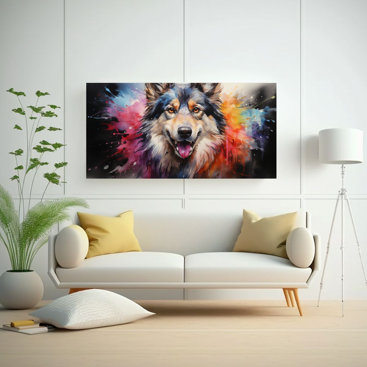 GENERICO - Pintura Hermosa De Husky En Acuarelas Coloridas 100x50 Cm