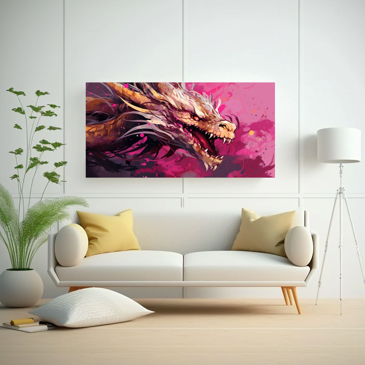 GENERICO - Cuadro Dibujo Reflejo De Dragón En Colores Oro Y 60x30 Cm