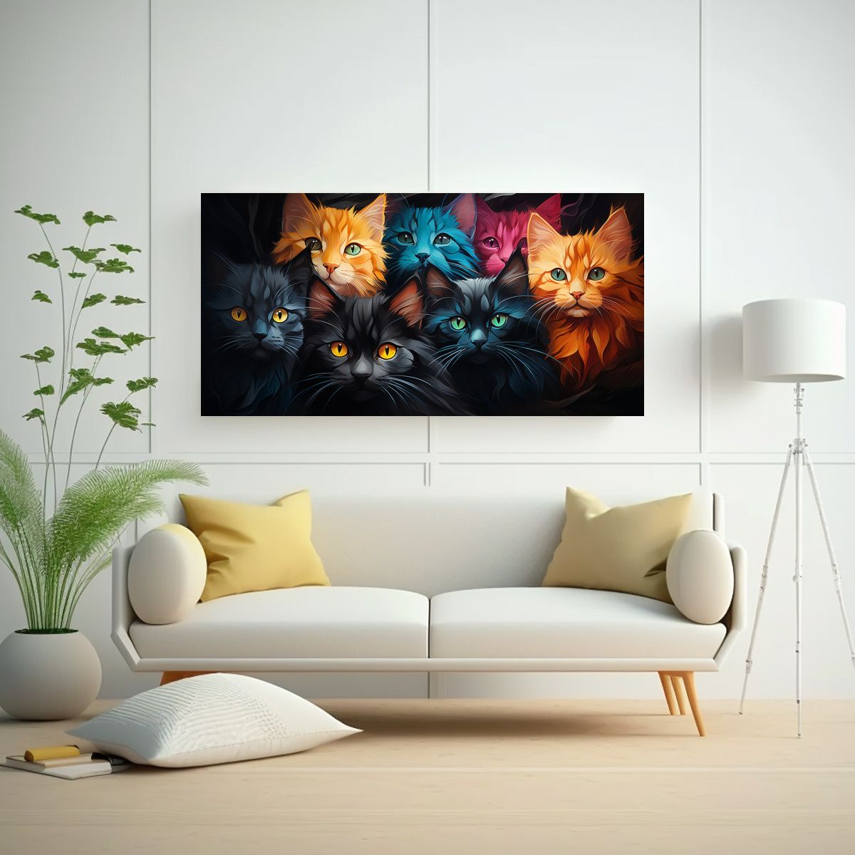 GENERICO - Cuadro De Gatos De Todos Los Colores Con Amarillo 80x40 Cm