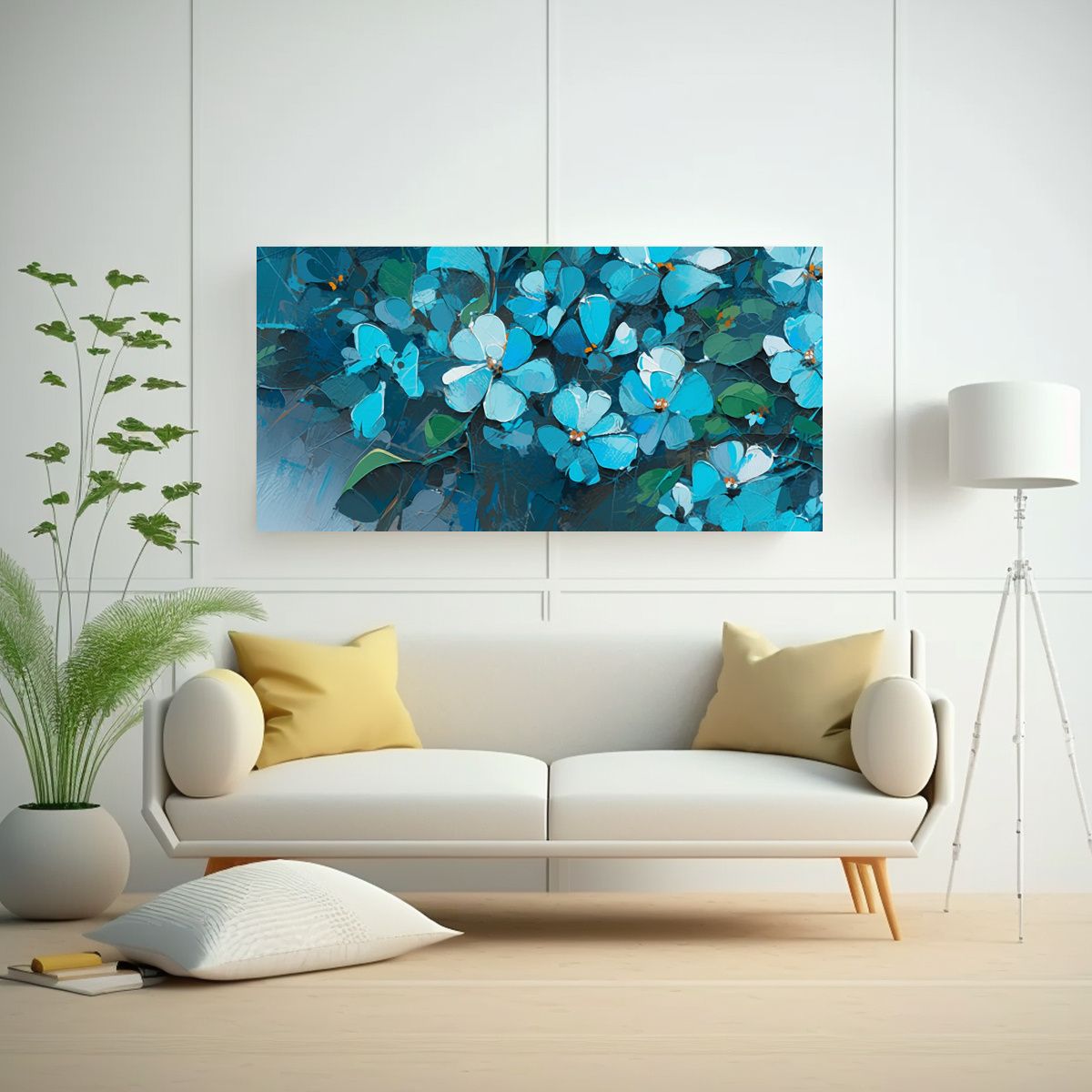 GENERICO - Cuadro Armonía Turquesa Y Azul Con Flores En 60x30 Cm