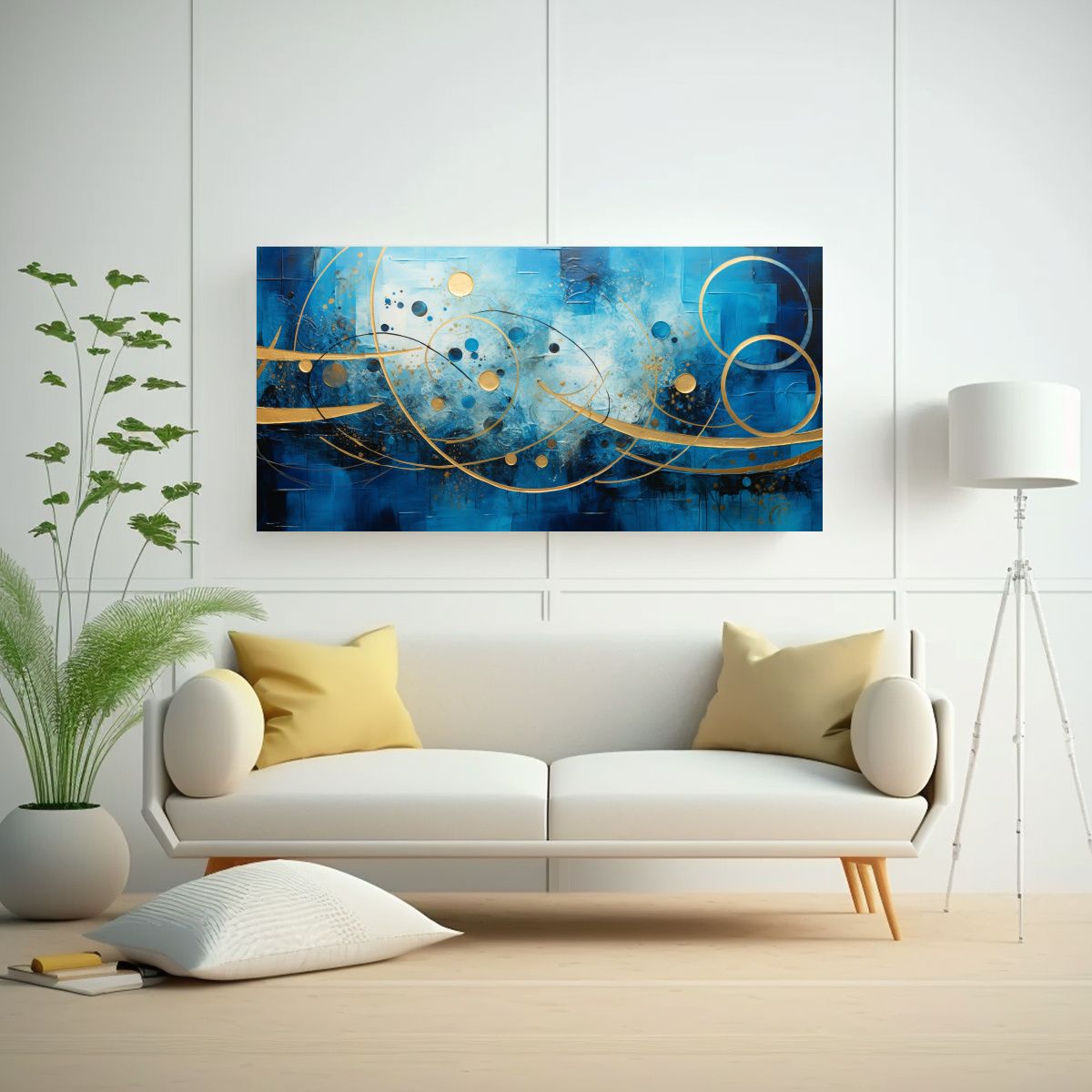 GENERICO - Cuadro Abstracto Azul Y Dorado Para Decoración 60x30 Cm