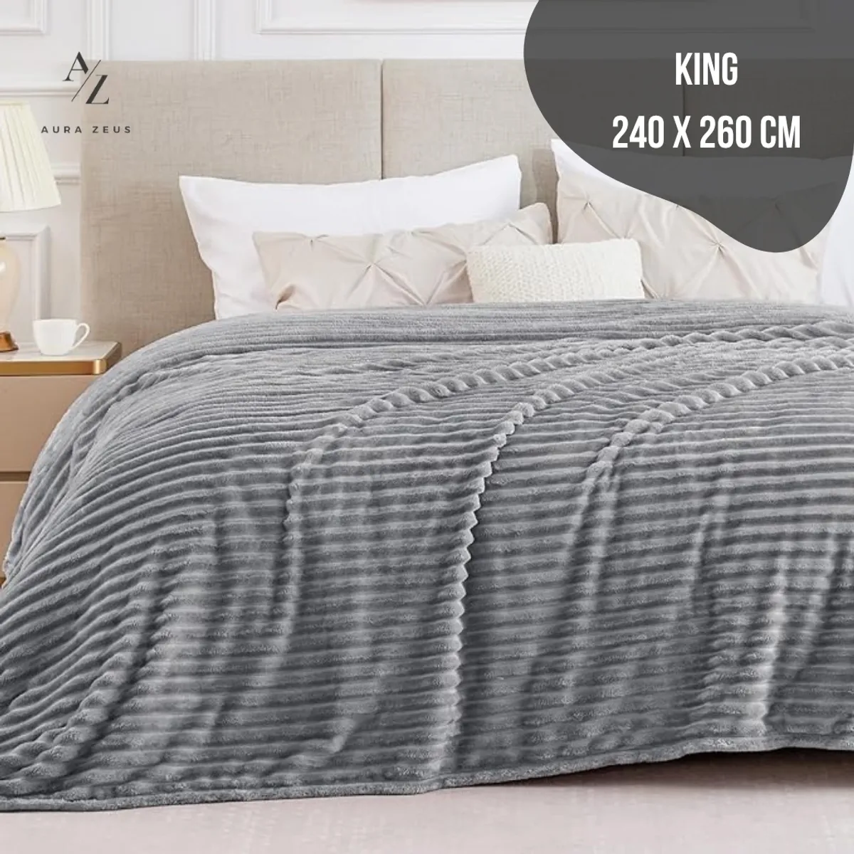 AZ AURAZEUS - Frazada 2 Plazas / King Manta Termica Rayas Gris Polar Lana Az
