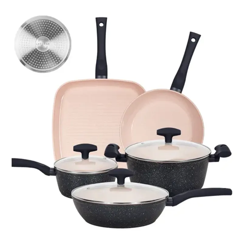 GENERICO - Bateria Cocina Antiadherente Ceramica 8 Pcs Granito Rosa