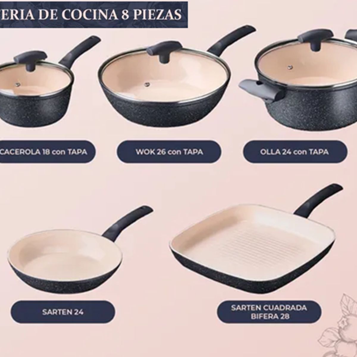 GENERICO - Bateria Cocina Antiadherente Ceramica 8 Pcs Granito Rosa