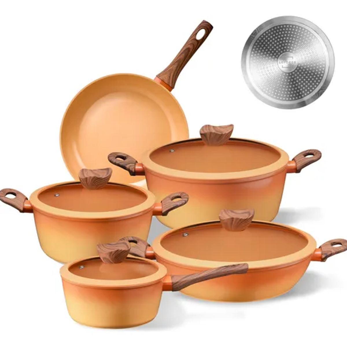 GENERICO - Bateria Cocina Antiadherente Ceramica 9 Pcs Naranja