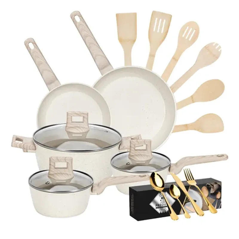 GENERICO - Bateria De Cocina Aluminio 38 Piezas Antiadherente Granito Blanco