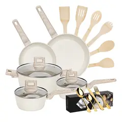 GENERICO - Bateria De Cocina Aluminio 38 Piezas Antiadherente Granito Blanco